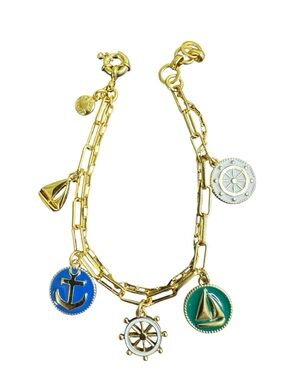 Gold Nautical Charm Bracelet with Anchor, Wheel & Sailboat